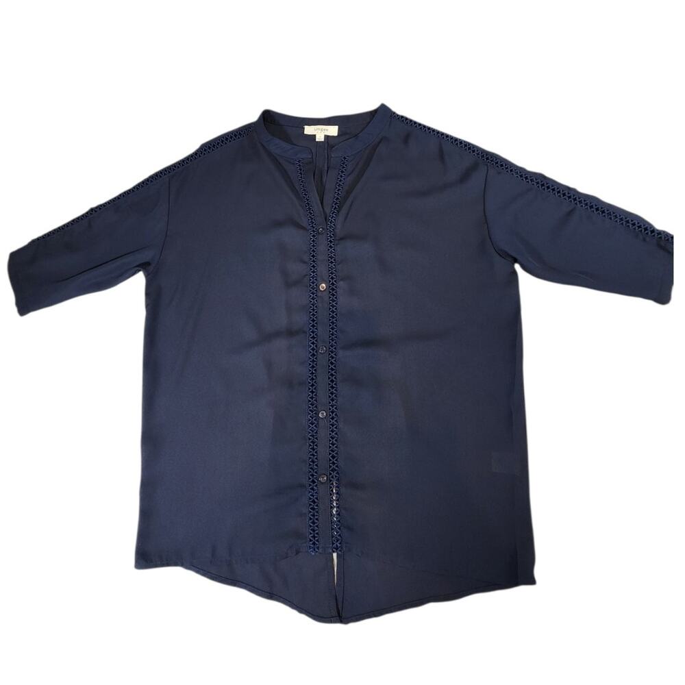 Umgee USA small sheer‎ navy blue top 3/4 sleeve button front crochet split back